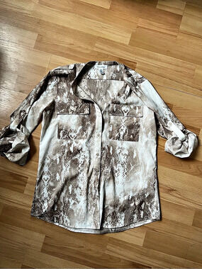 Calvin Klein neutral Snake Animal Print Button Up Blouse Top Brown & cream Small